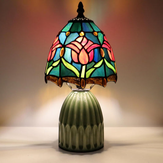 Tiffany Stained Glass Mushroom Table Lamp 12.5 Inch -Blue Red Tulips