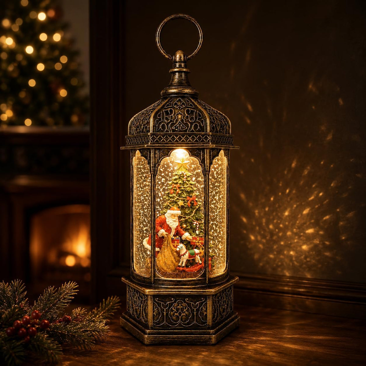 Lighted Christmas Snow Globe Lantern, Musical Snow Globe with 8 Songs, Gingerbread Santa Chef Baking Scene, Swirling Glitter Water Lantern, 9" Indoor Christmas Decor, for Kids & Adults
