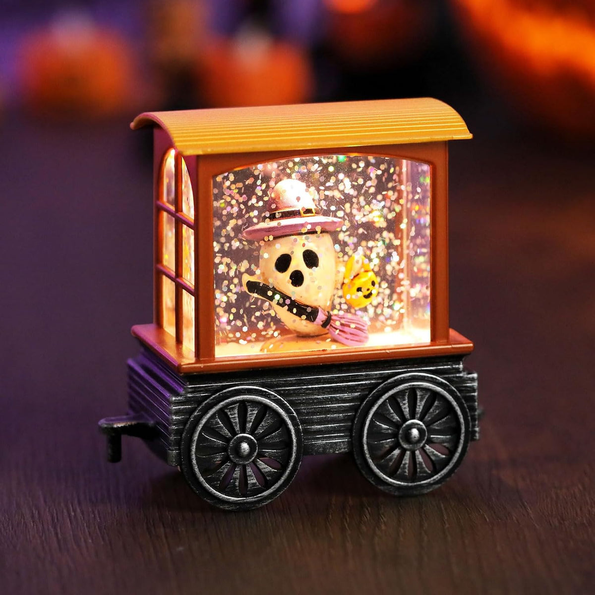 Halloween Snow Globe Lantern with Skeleton Halloween Decorations Indoor for Home, Battery Operated Train Snow Globe with Timer Swirling Glitter, Lighted Reaper Ghost Pumpkin Decor