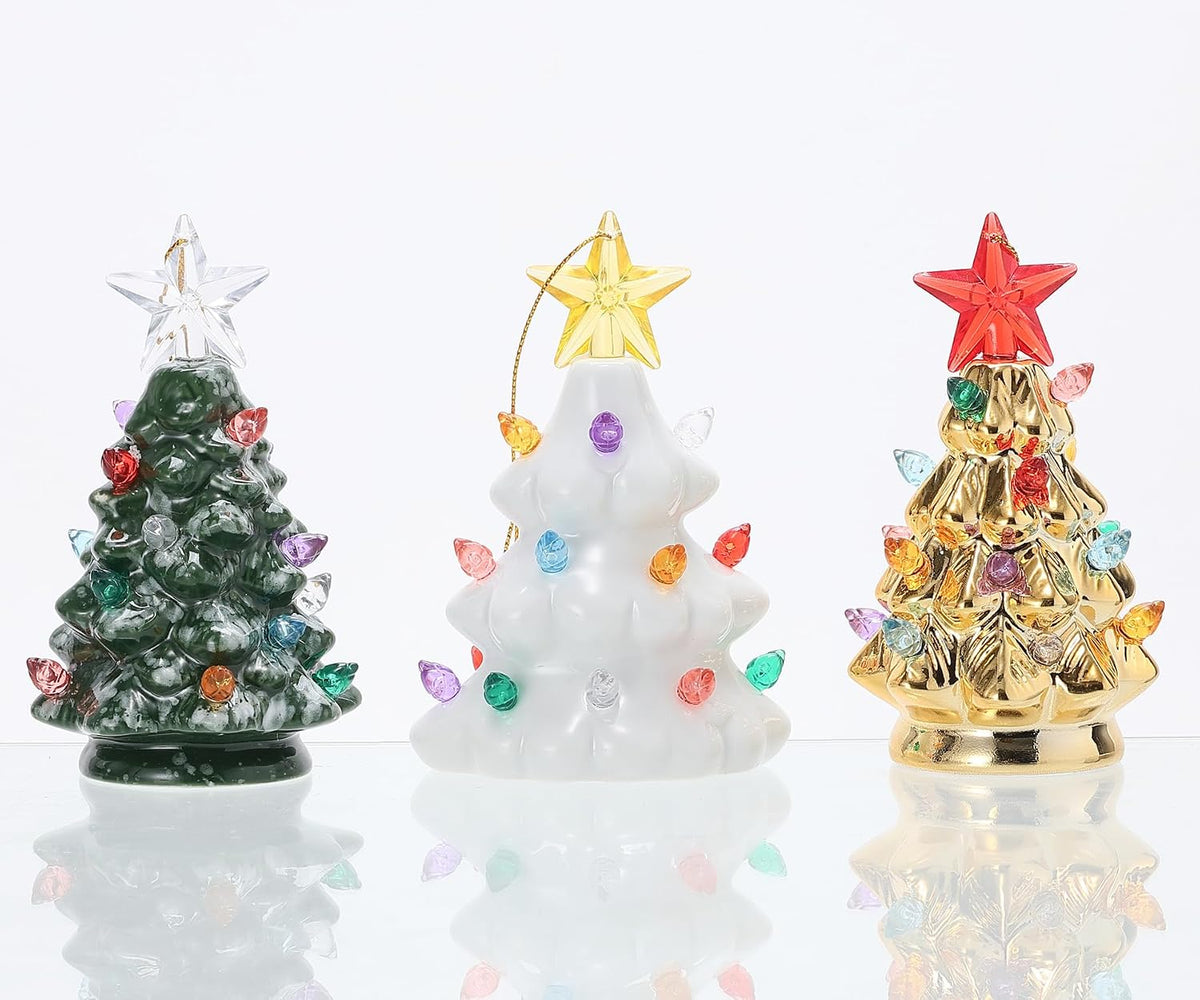 Set of 3 Mini 4.5" Inch Nostalgic LED Ceramic Christmas Tree with Lights Xmas Tree That Light up Hanging Ornaments White Golden Green Assorted for Holiday Decoration and Gifts