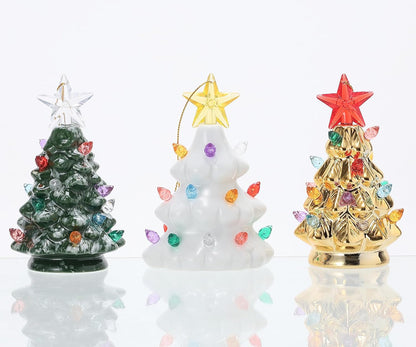 Set of 3 Mini 4.5" Inch Nostalgic LED Ceramic Christmas Tree with Lights Xmas Tree That Light up Hanging Ornaments White Golden Green Assorted for Holiday Decoration and Gifts