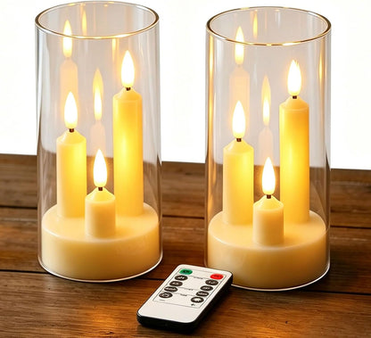 2 Pack Flameless Taper Candles, 3D Realistic Wick LED Taper Candle Lights with Clear Acrylic Cover, Remote Control Battery Operated Flickering Candles for Wedding, Party, Christmas, Home Table Decor.