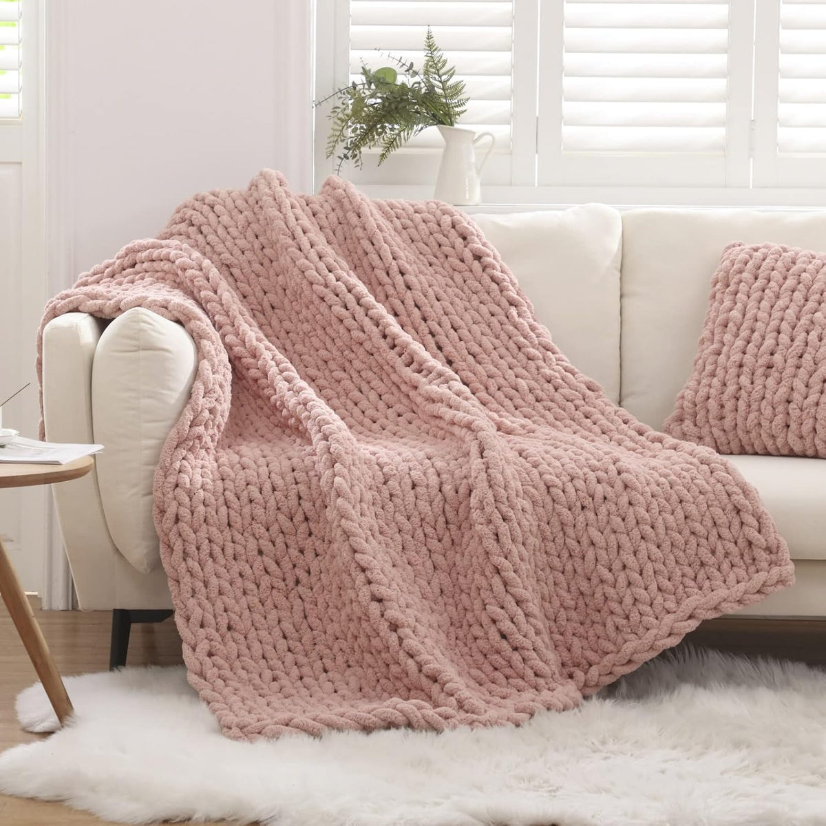 Chunky Knit Blanket Throw for Couch 51"×63" Light Grey