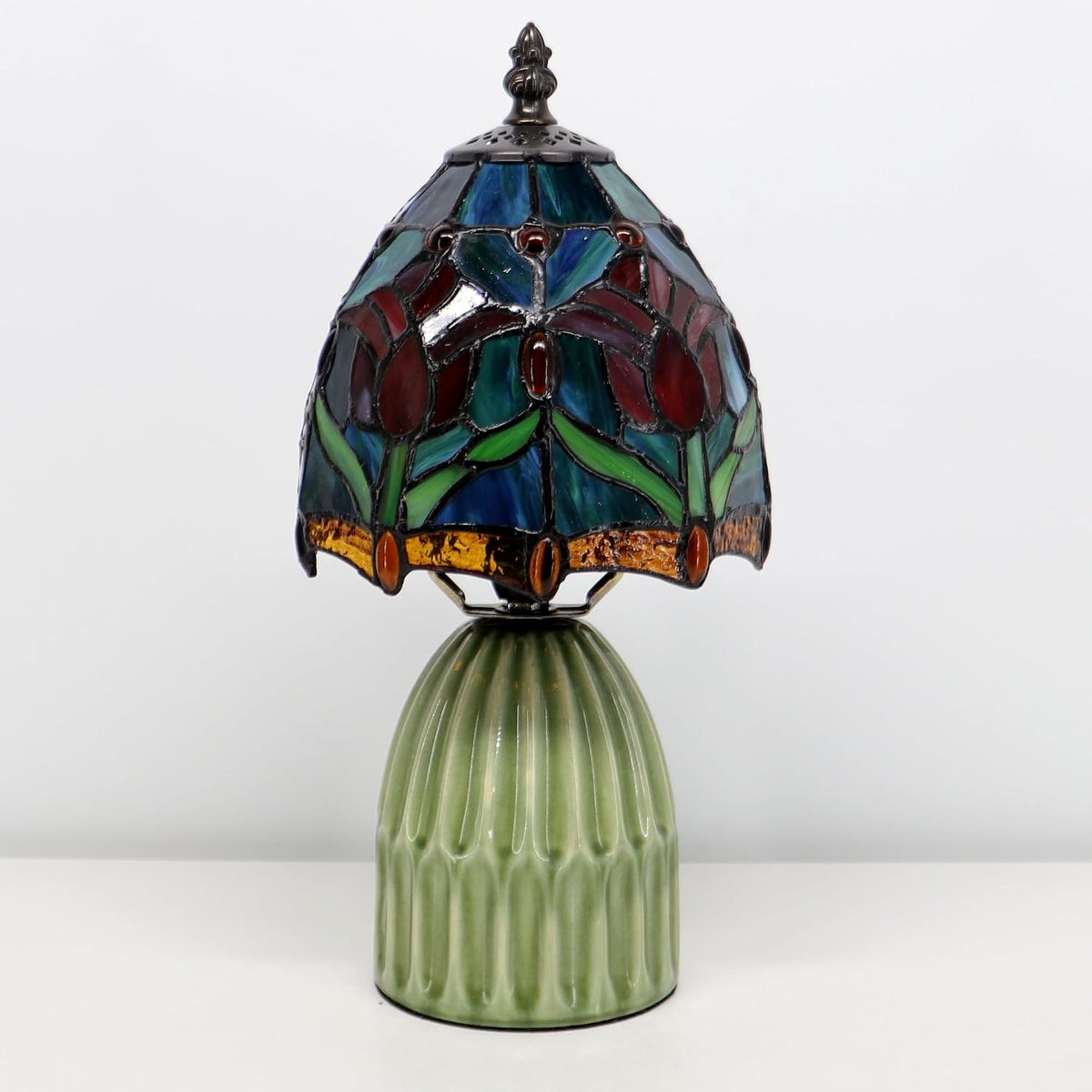 Tiffany Stained Glass Mushroom Table Lamp 12.5 Inch -Blue Red Tulips