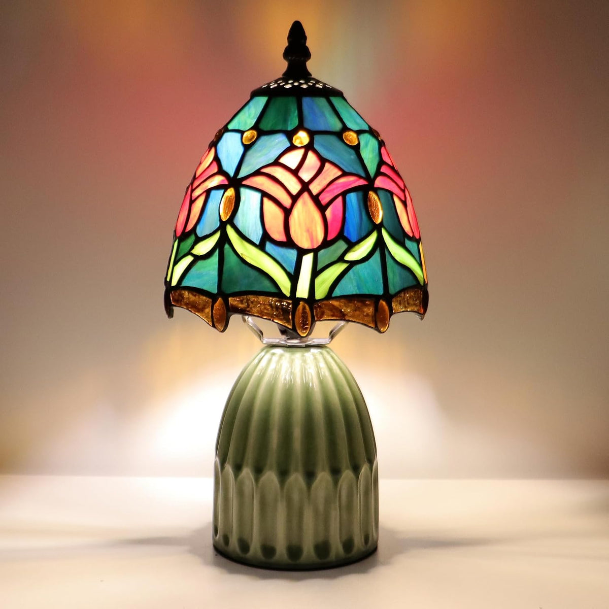 Tiffany Stained Glass Mushroom Table Lamp 12.5 Inch -Blue Red Tulips