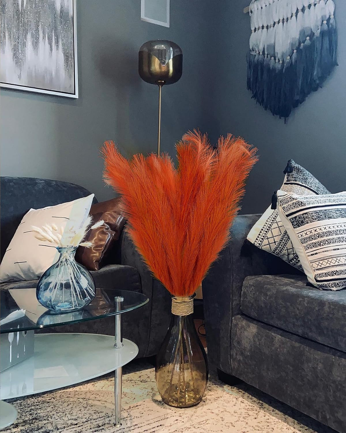 43 Inch Fluffy Fake Faux Pampas Grass Large Stems 3 Pcs for Tall Vase Filler, Boho Home Kitchen Wedding Room Decor(Orange)