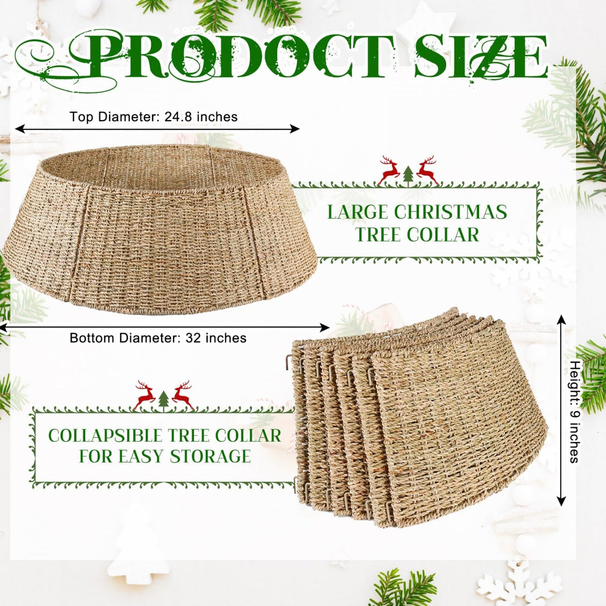 32 in Extra Large Rattan Christmas Tree Collar Basket - Rustic Handcrafted Christmas Tree Stand Cover Woven Tree Skirt Collar Christmas Tree Decoration Farmhouse Indoor Decorations for Home