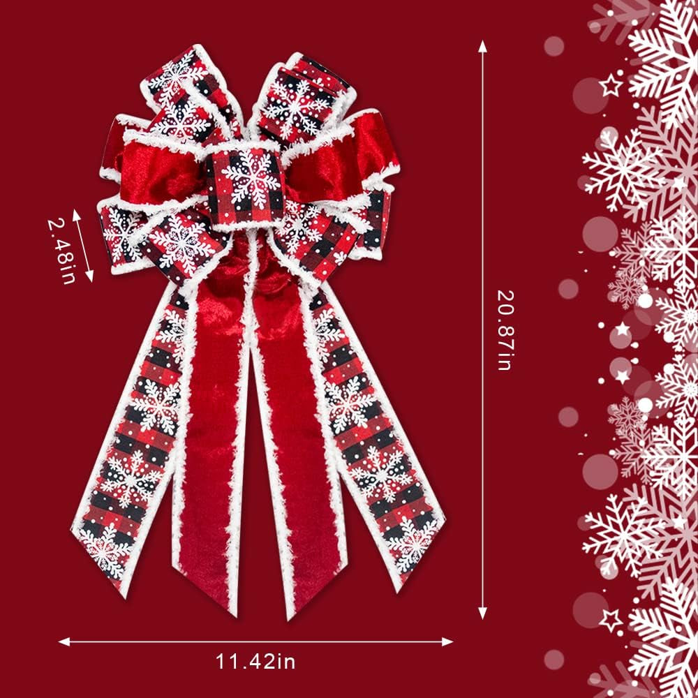 Large Christmas Bow for Wreath Red Velvet Bows Snowflake Plaid Tree Topper Bow for Front Door Christmas Holiday Indoor Outdoor Wall Decoration