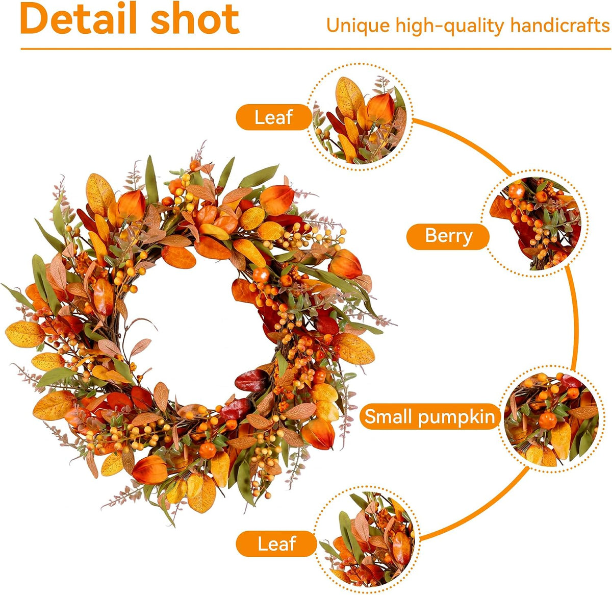 22" Fall Wreath for Front Door Pumpkin Artificial Wall Decor Autumn