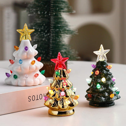 Set of 3 Mini 4.5" Inch Nostalgic LED Ceramic Christmas Tree with Lights Xmas Tree That Light up Hanging Ornaments White Golden Green Assorted for Holiday Decoration and Gifts