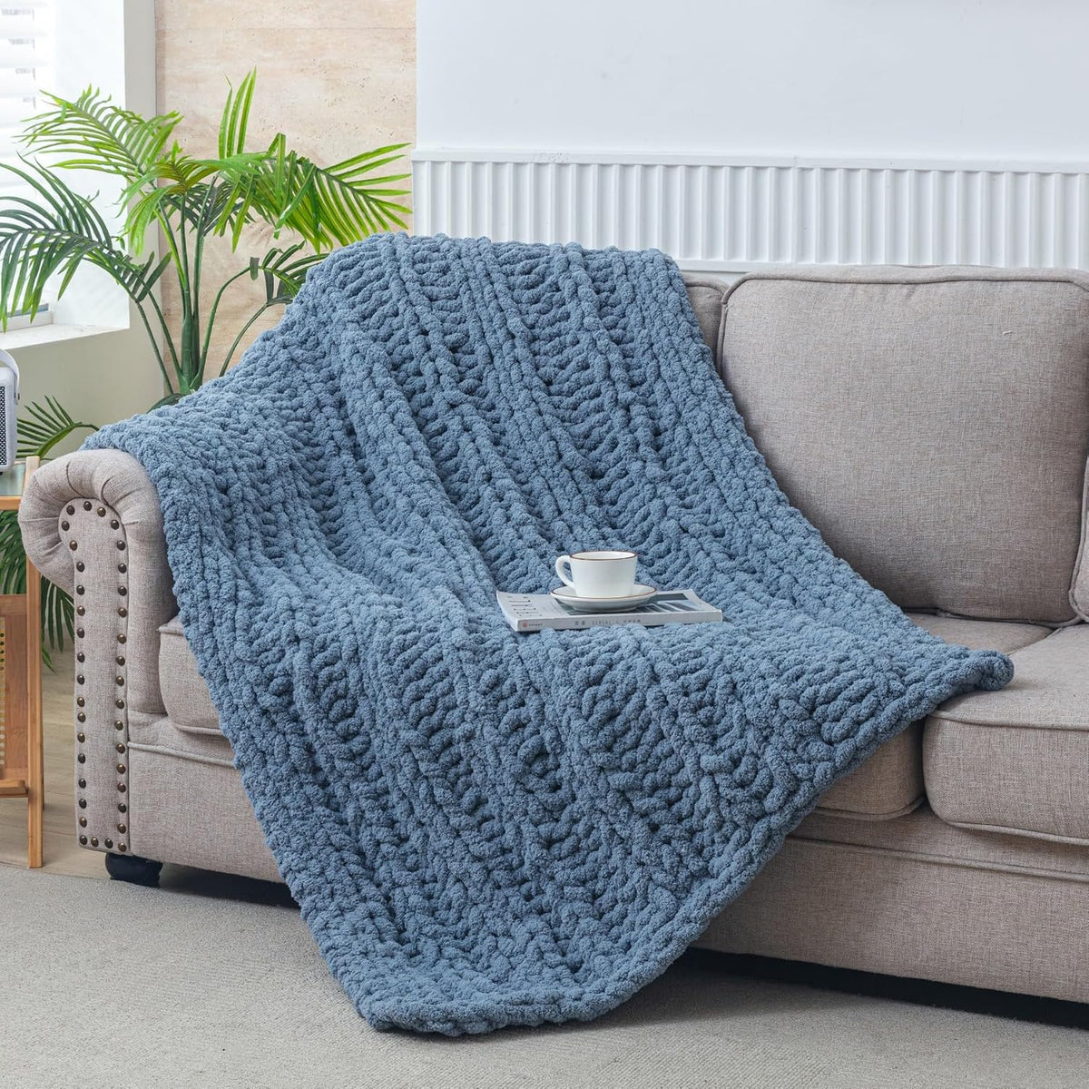 Chunky Knit Blanket Throw for Couch 51"×63" Light Grey