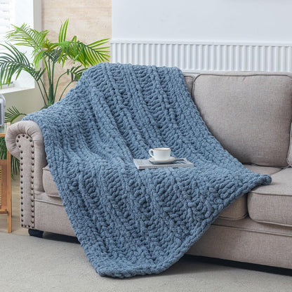 Chunky Knit Blanket Throw for Couch 51"×63" Light Grey