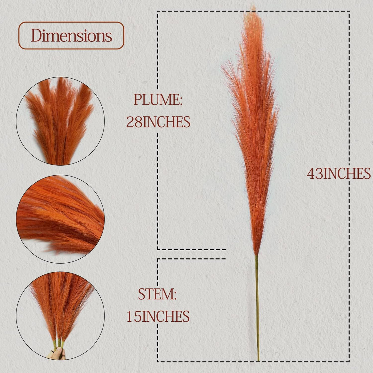43 Inch Fluffy Fake Faux Pampas Grass Large Stems 3 Pcs for Tall Vase Filler, Boho Home Kitchen Wedding Room Decor(Orange)