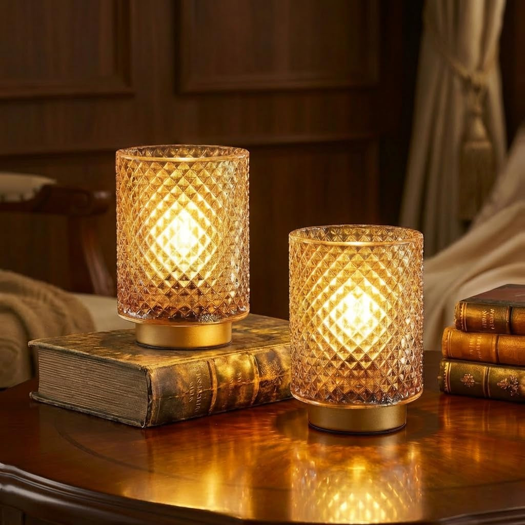 Battery Operated Lamp,Cordless Glass Accent Table Lamp with Timer for Bedside,Small Decorative Lamp with Warm White LED Bulb for Nightstand/Bookshelf/Entryway/Tabletop/Counter Decor(Iridescent Clear)