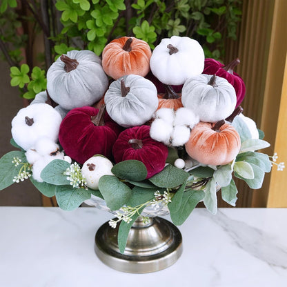 16 Pcs Assorted Fall Artificial Velvet Pumpkins Small Decorative Fabric Rustic Foam Pumpkins in Burgundy Bronze Gray White for Autumn Wedding Halloween Thanksgiving Table Centerpiece
