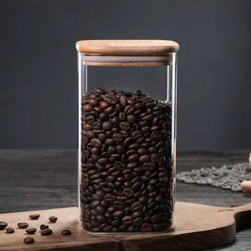 Square Glass Canister — Bamboo Lid & Wooden Spoon