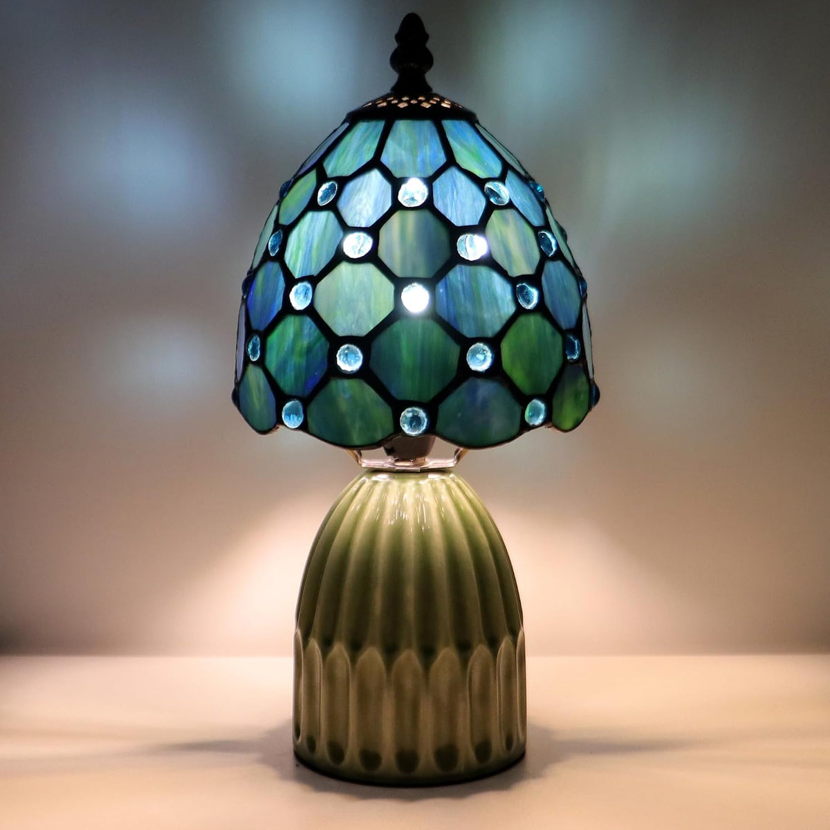 Tiffany Stained Glass Mushroom Table Lamp 12.5 Inch -Blue Red Tulips