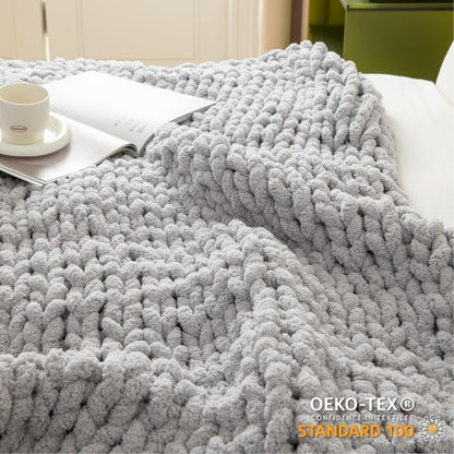 Chunky Knit Blanket Throw for Couch 51"×63" Light Grey