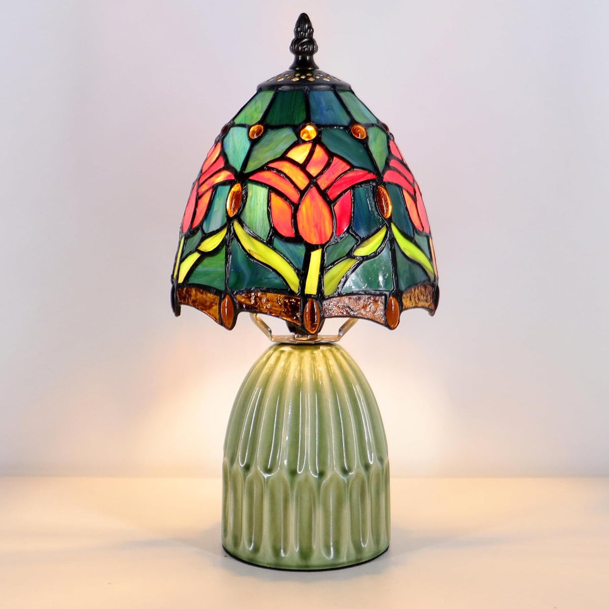 Tiffany Stained Glass Mushroom Table Lamp 12.5 Inch -Blue Red Tulips