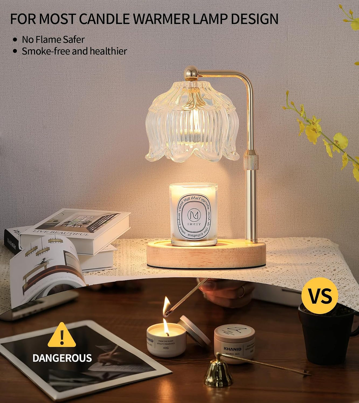 Gold Candle Warmer Lamp for Flower-Shaped Glass,Wax Melt Warmer for Jar Candles,Candle Warmer Lamp with Timer Dimmable, Birthday Mother'S Day Valentines Gifts for Women Mom Sister Wife Bedroom