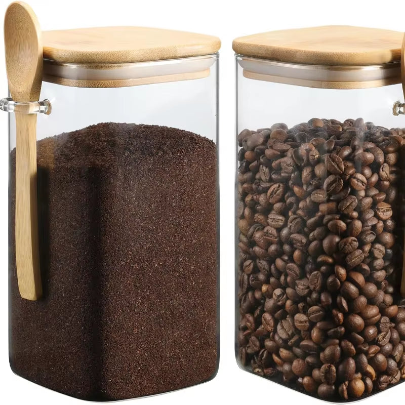 Square Glass Canister — Bamboo Lid & Wooden Spoon