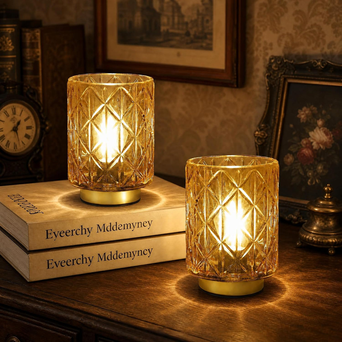 Battery Operated Lamp,Cordless Glass Accent Table Lamp with Timer for Bedside,Small Decorative Lamp with Warm White LED Bulb for Nightstand/Bookshelf/Entryway/Tabletop/Counter Decor(Iridescent Clear)
