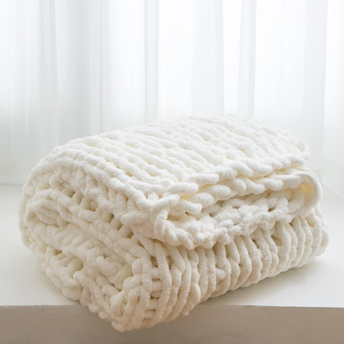 Chunky Knit Blanket Throw for Couch 51"×63" Light Grey