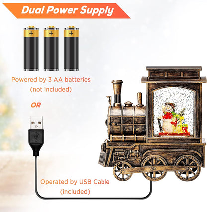 Christmas Snow Globe Lantern Train with Santa Sleigh Projection, Water Swirling Glitter Musical and Lighted USB Powered & Battery Operated Music Box for Christmas Home Decoration Gift
