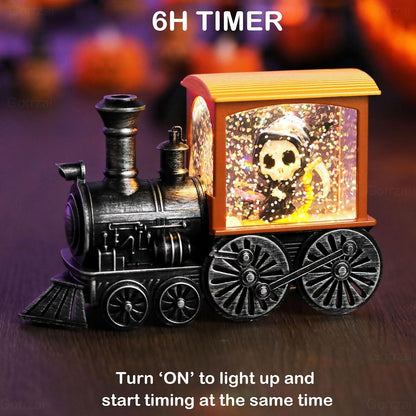 Halloween Snow Globe Lantern with Skeleton Halloween Decorations Indoor for Home, Battery Operated Train Snow Globe with Timer Swirling Glitter, Lighted Reaper Ghost Pumpkin Decor