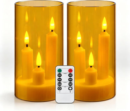2 Pack Flameless Taper Candles, 3D Realistic Wick LED Taper Candle Lights with Clear Acrylic Cover, Remote Control Battery Operated Flickering Candles for Wedding, Party, Christmas, Home Table Decor.