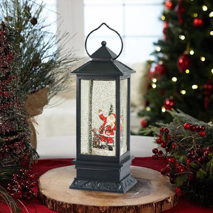 Christmas Snow Globe Lantern with Music, Battery Operated Lighted Swirling Glitter Water Lantern with Timer for Christmas Home Decoration, Santa