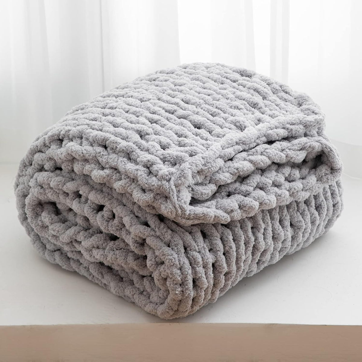 Chunky Knit Blanket Throw for Couch 51"×63" Light Grey