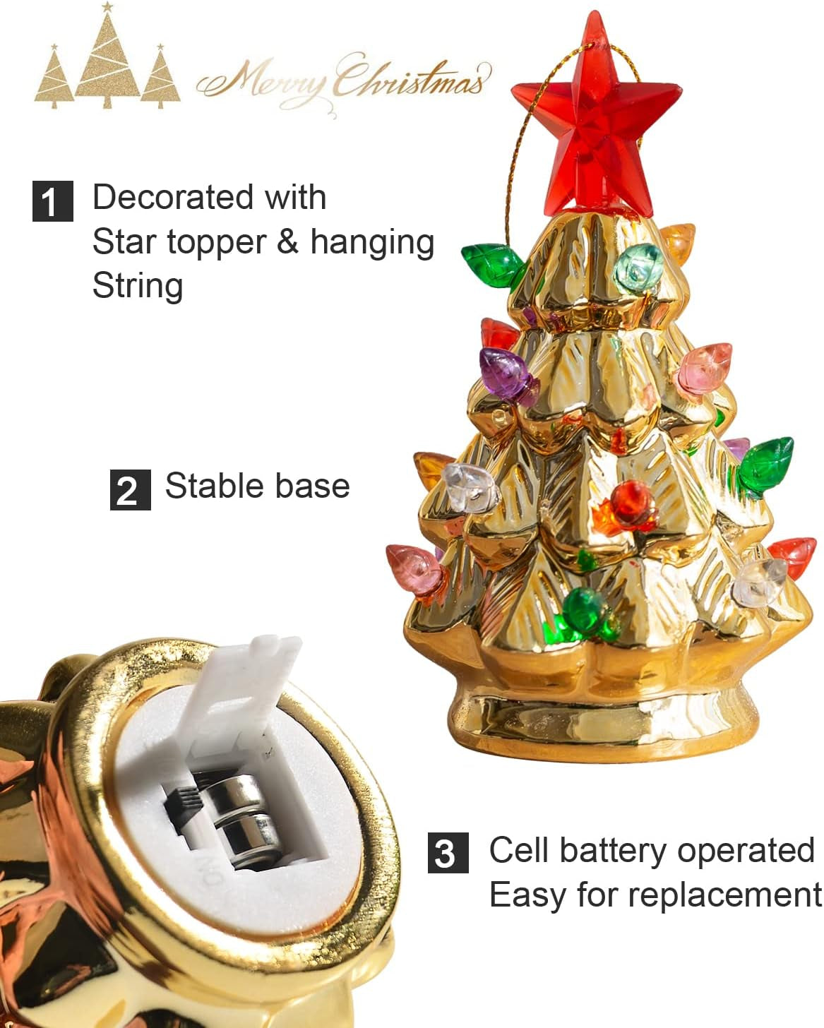 Set of 3 Mini 4.5" Inch Nostalgic LED Ceramic Christmas Tree with Lights Xmas Tree That Light up Hanging Ornaments White Golden Green Assorted for Holiday Decoration and Gifts