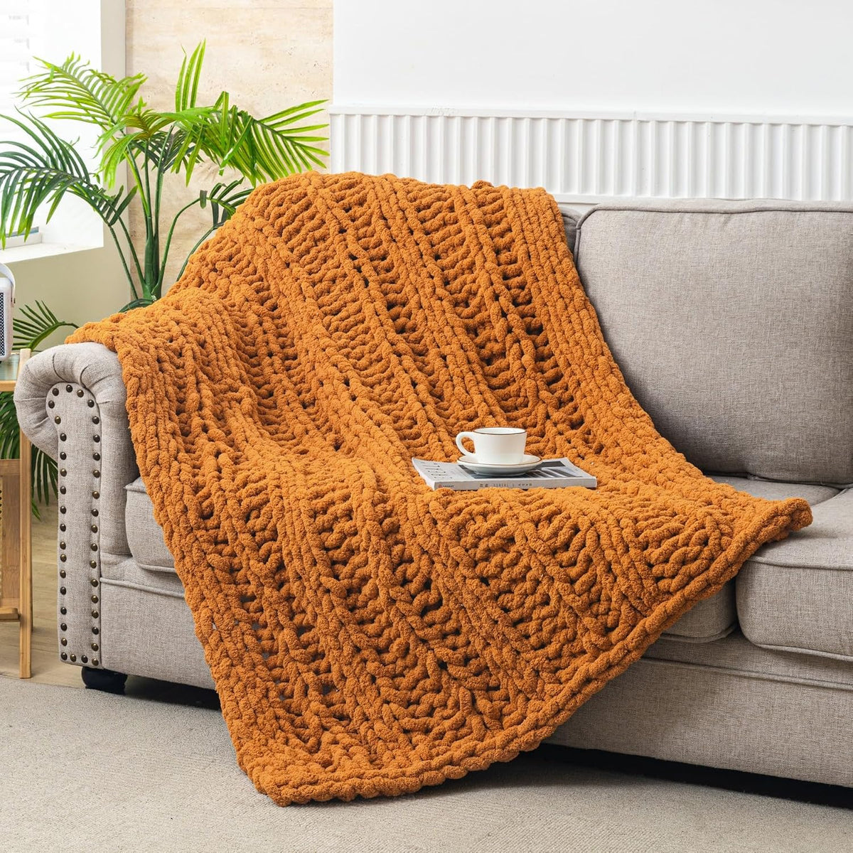 Chunky Knit Blanket Throw for Couch 51"×63" Light Grey