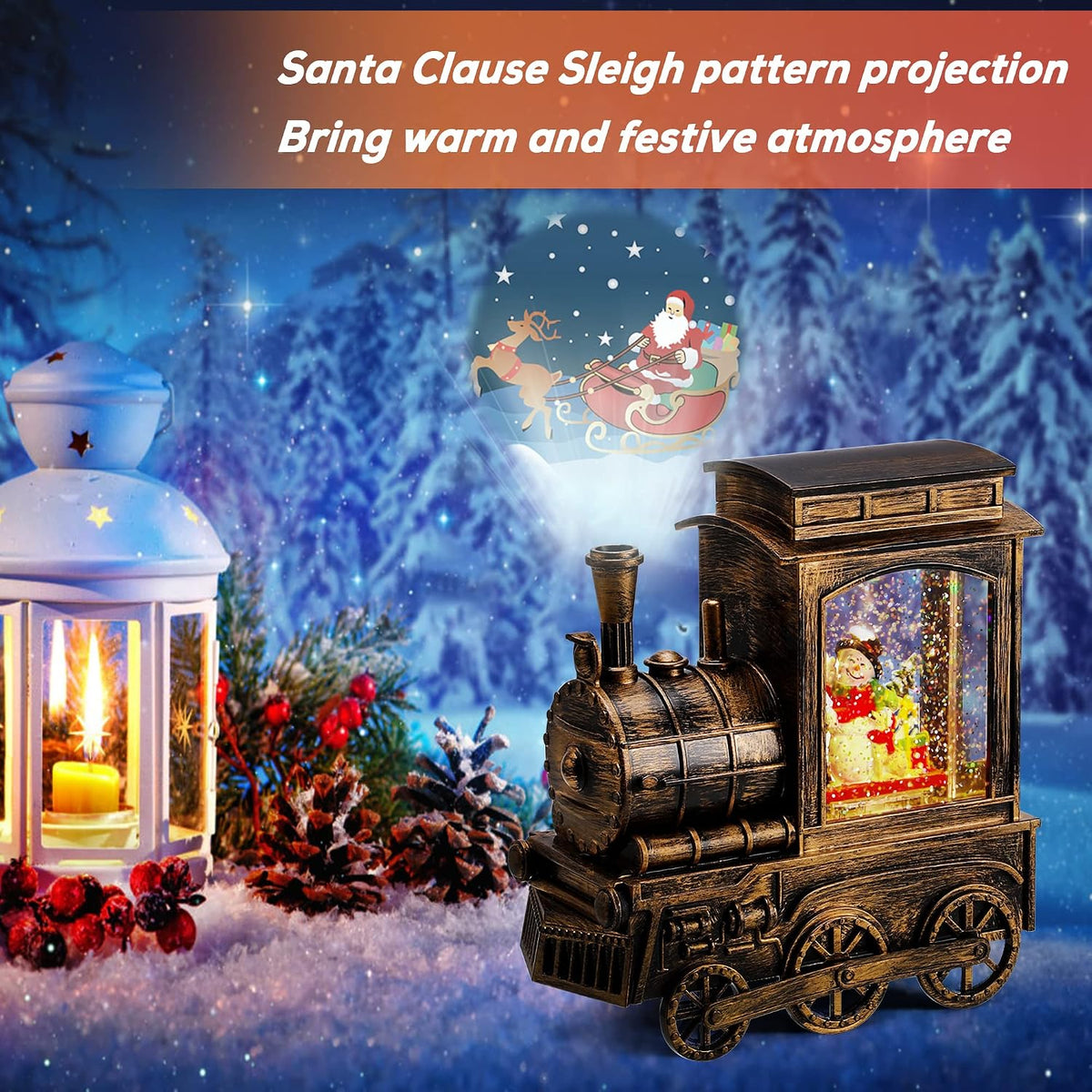 Christmas Snow Globe Lantern Train with Santa Sleigh Projection, Water Swirling Glitter Musical and Lighted USB Powered & Battery Operated Music Box for Christmas Home Decoration Gift