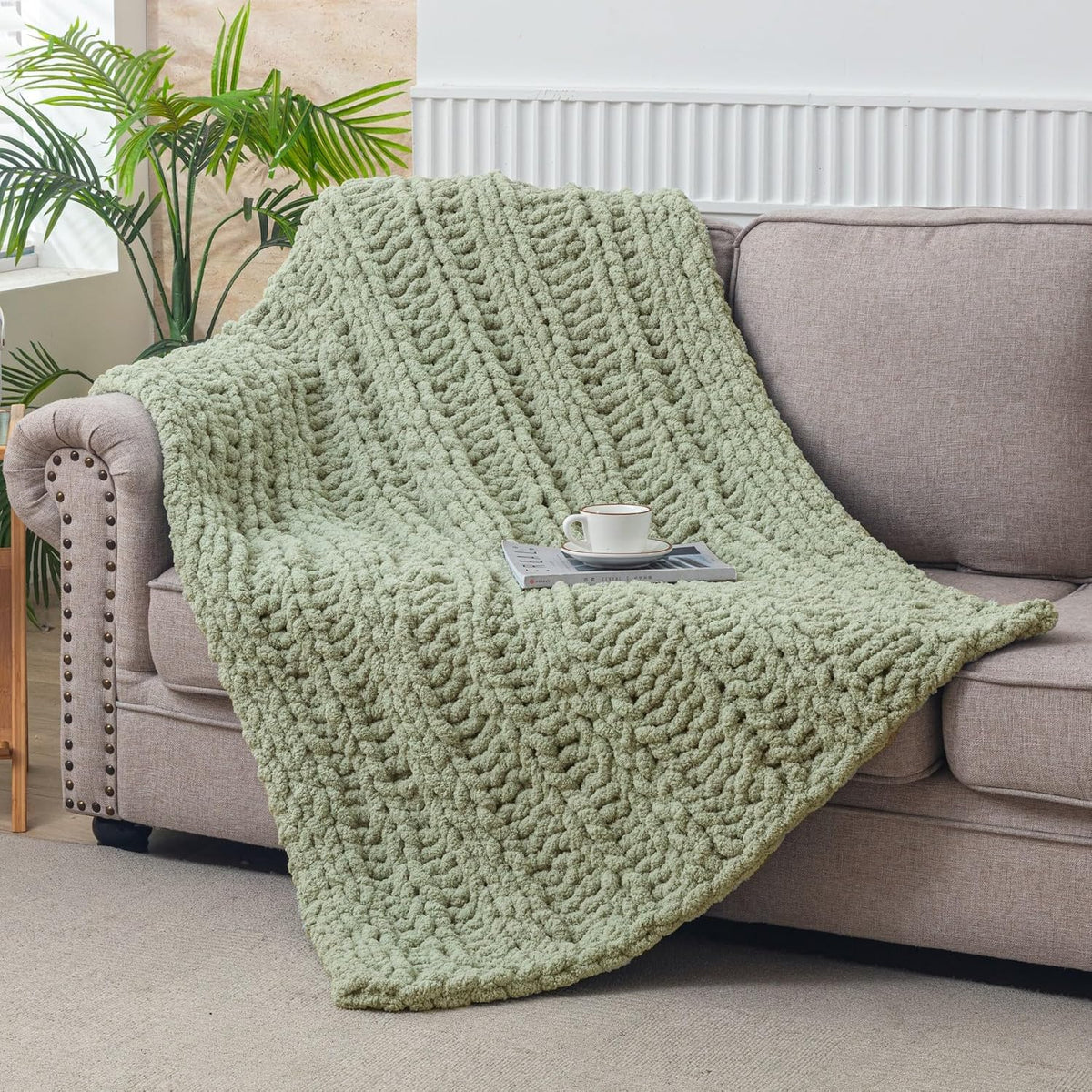 Chunky Knit Blanket Throw for Couch 51"×63" Light Grey