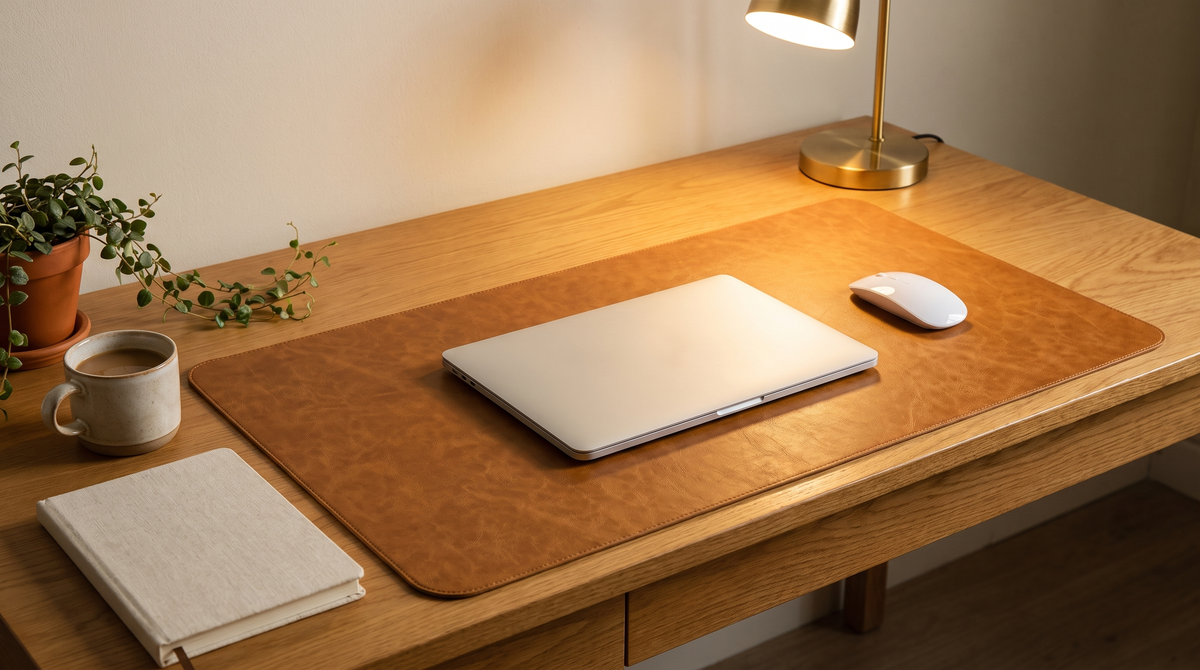 Tan faux leather desk mat on an oak desk with laptop, mouse and coffee under warm lamp light